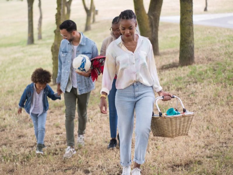 A joyful family walking in a park, carrying a picnic basket and a ball on a sunny day.